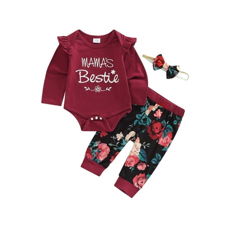 

Diconna Infant Girls Clothing Ruffle Shoulder Letter Print Round Neck Romper+Floral Patchwork Pants+Headband Set Wine Red 12-18 Months