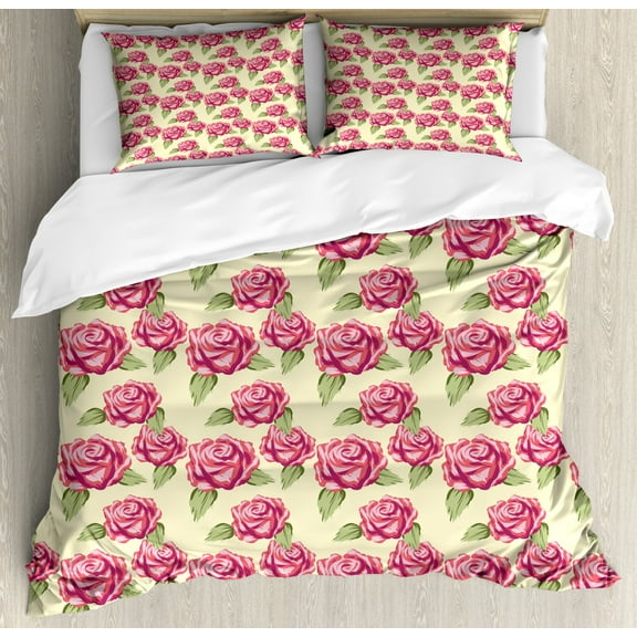 Rose Duvet Cover Set Queen Size, Romantic Style Composition of Botanical Pattern Flowers, Decorative 3 Piece Bedding Set with 2 Pillow Shams, Cream Pistachio Green and Dark Coral, by Ambesonne
