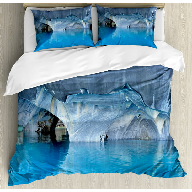 Blue Duvet Cover Set Queen Size, Marble Cave General Carrera Lake in Chile  Natural Wonders Rocks Azure Water, Decorative 3 Piece Bedding Set with 2  Pillow Shams, Blue Purplegrey White, by Ambesonne -