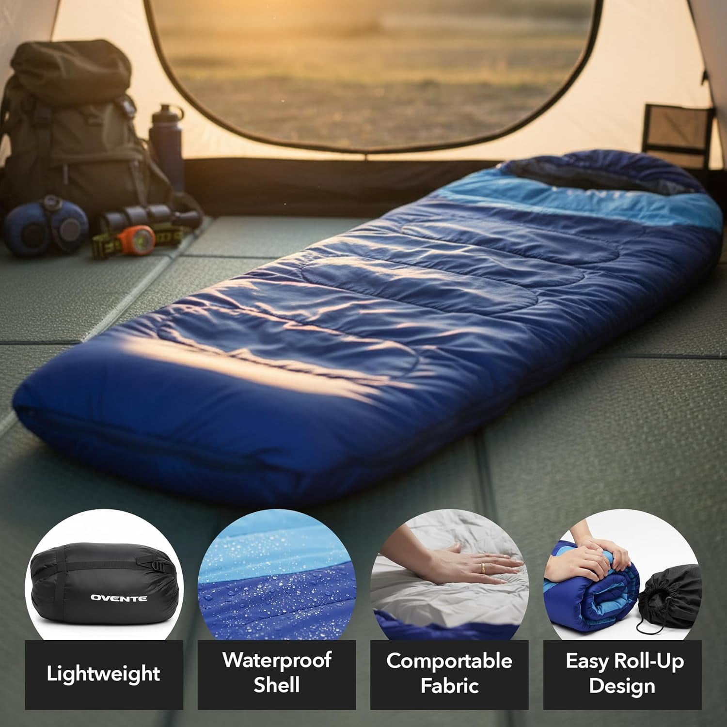 OVENTE Camping Sleeping Bag, Lightweight Waterproof, Blue SBHW001BL | Camping Gear Essential for Adults and Kids, Ideal for Cold & Warm Weather, Hiking, Hunting, Traveling, and Outdoors
