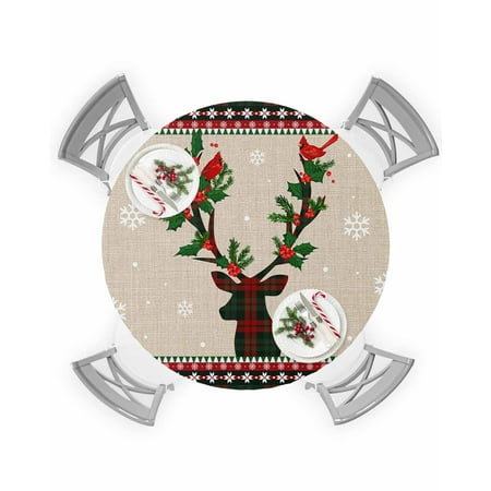 

Round Tablecloth with Elastic Christmas Elk Reindeer Snowflake Red Green Plaid Waterproof Table Cover Wipeable Fitted Table Cloths for 55 -60 Round Tables Dining Kitchen Indoor Outdoor Use