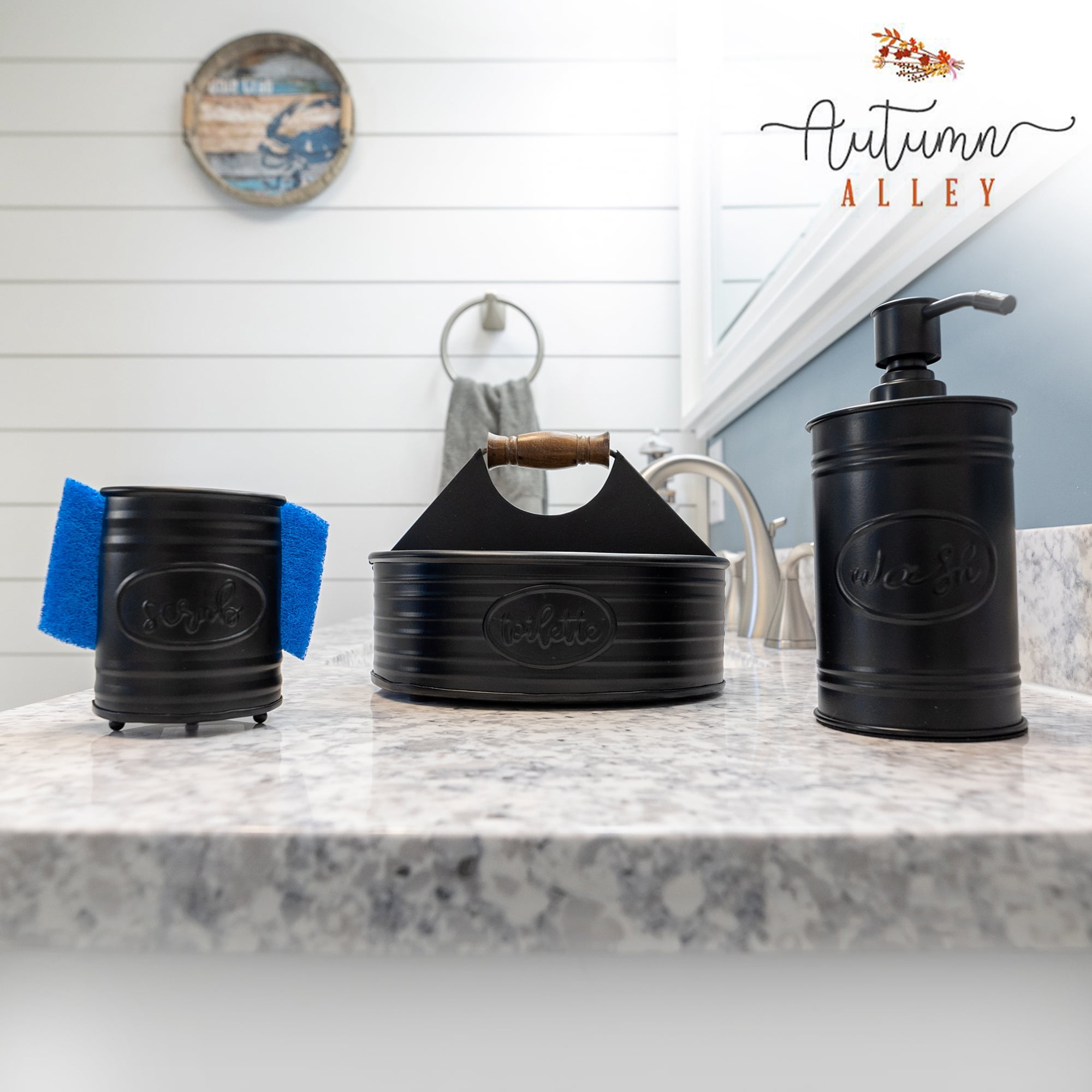 Autumn Alley Farmhouse Rustic Shower Caddy Basket for Bathroom - Toiletries Countertop Organizer, Decorative Bathroom Caddy, Bathroom Accessories with Toilette Label, 11" x 6.25", Black, Large