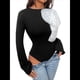 thumbnail image 3 of Camiseta Básica Elástica con Cuello Redondo y Mangas Largas con Volantes para Mujer Negro L, 3 of 10