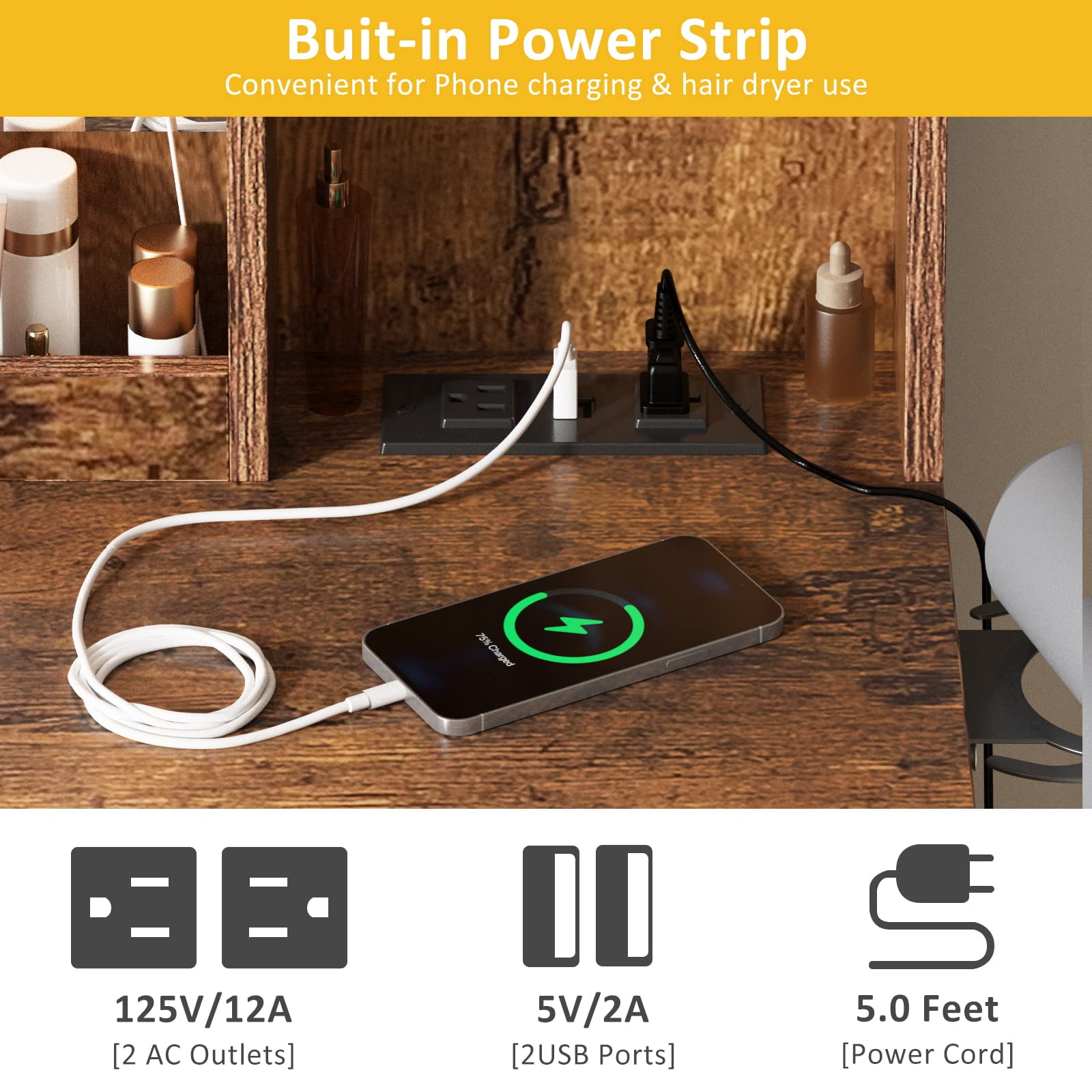 Veanerwood Adult Modern Makeup Organizer Charging Station and LED Lights Table Set White and Brown