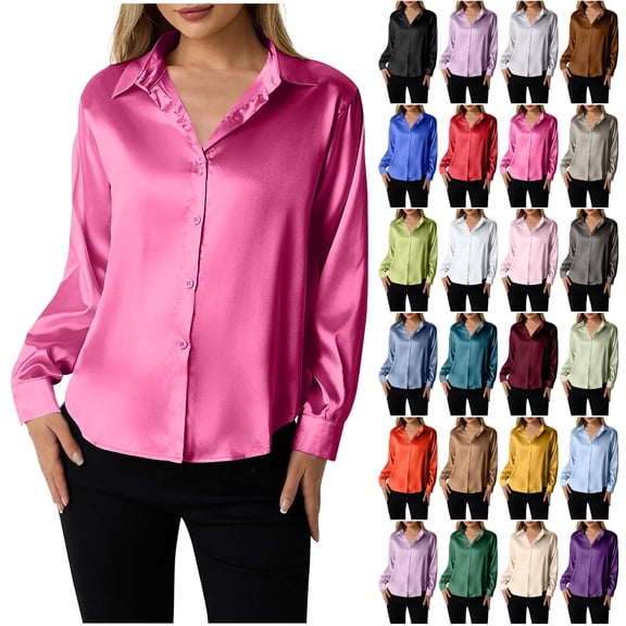 Otntypg Satin Blouses for Women Silk Button Down Shirts Dressy Casual Long Sleeve Shirt Elegant Ladies Business Office Work Tunic Tops Navy XXL