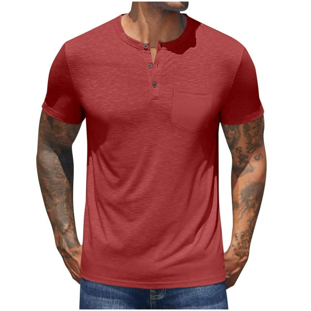 fheaev Summer T-Shirts for Men Casual Solid Color Button Crewneck Short Sleeve Basic Shirt Pullover Blouses Top Sports Beach Tees Soft Fitted Tees