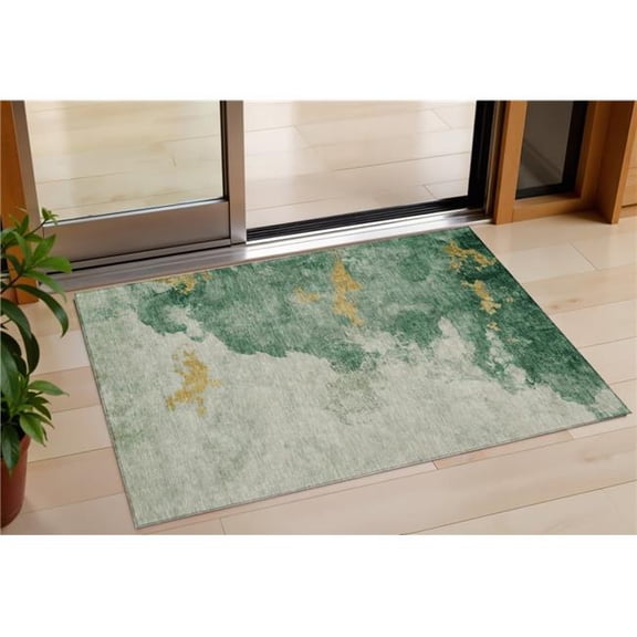 HomeRoots 631803 3 x 5 ft. Emerald & Gold Abstract Washable Indoor & Outdoor Rectangle Area Rug