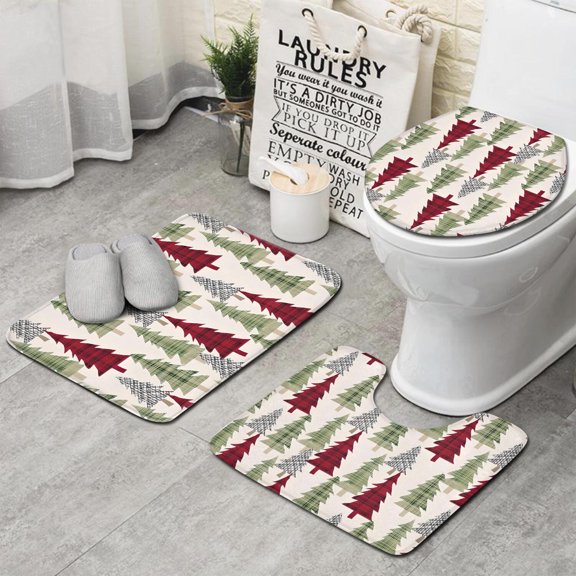 Multicolor Christmas Tree Pattern Bathroom Rugs Sets 3 Piece,Toilet Cover Set,Absorbent Non Slip Bathroom Mats Sets with U-Shaped Contour Rug Toilet Rug Set