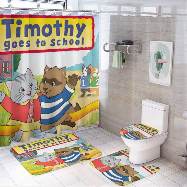 Timothy va a la escuela-theme 4-Piece Shower Curtain Set with Rugs, Waterproof Bathroom Decor Set Includes Bath Mat, U-Shaped Rug, Toilet Lid Cover and Curtain with Hooks