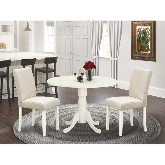 DLAB3-LWH-02 3Pc Round 42" Dining Room Table With Two 9-Inch Drop Leaves And 2 Parson Chair With Linen White Leg And Linen Fabric Light Beige