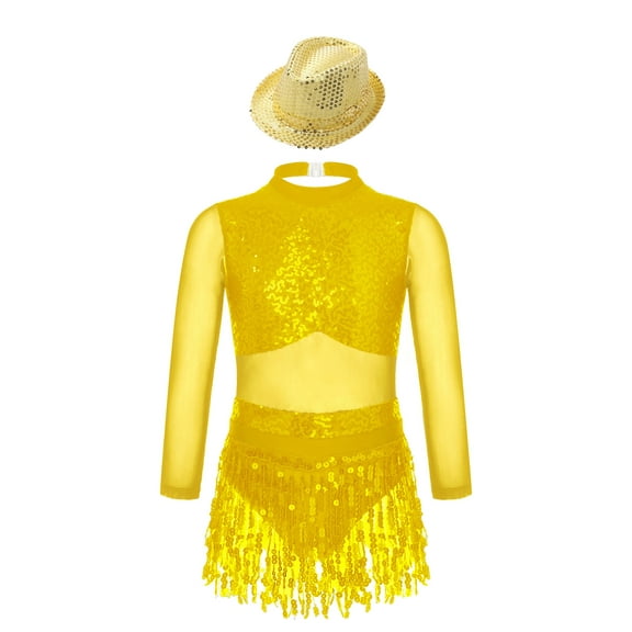 Haitryli Girls Long Sleeve Sequins Tassel Hem Leotard Dress with Hat Latin Samba Salsa Dance Costumes Gold 8