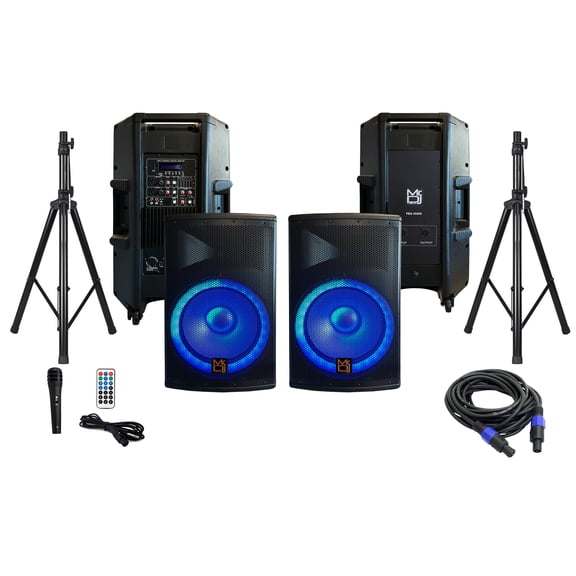 MR DJ PBX4500PKG 15" 2-Way PA DJ 4500W Active Powered Bluetooth Karaoke Speaker LED Lighting & Passive Speaker    Speaker Stands & Cable