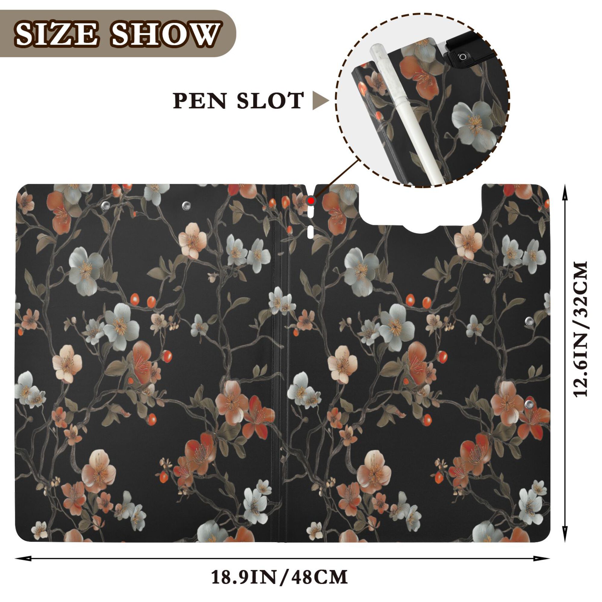 FORMRS A4 Clipboard Folder with Pen Holder Horizontal Foldable School Office Binder, Black Flowers