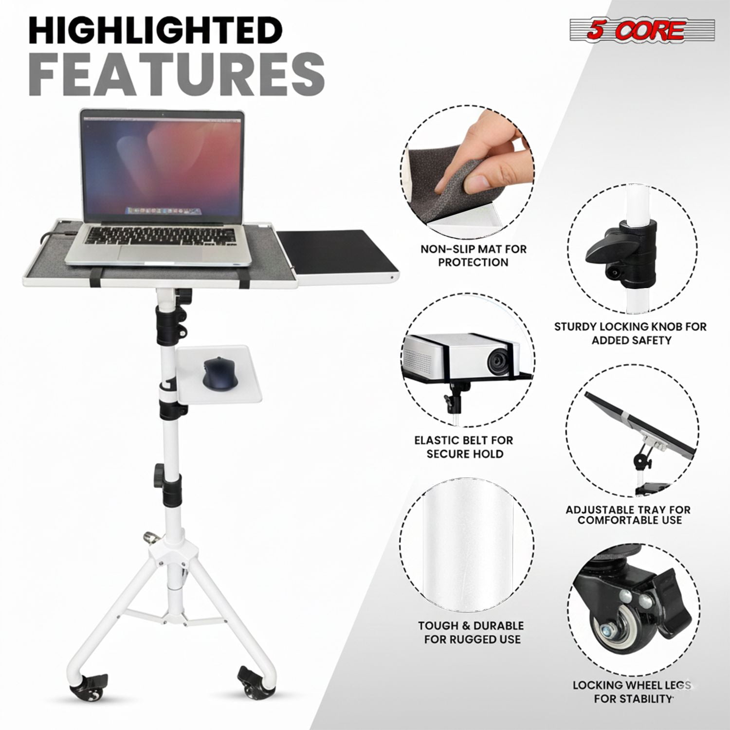 3-in-1 Adjustable Projector Stand with 2 Shelves & Phone Holder, Portable Tripod Laptop Cart, Height 29.5 to 71 Inches, Holds up to 33 lb