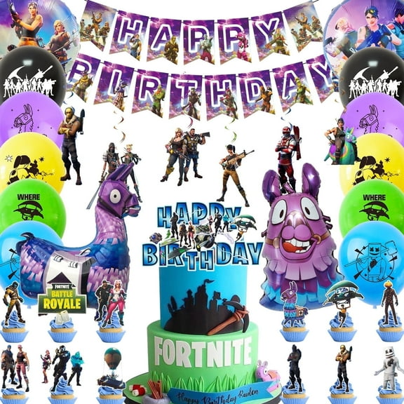 Fortnite Birthday Party Supplies, Fortnite Party Decorations Set - Fortnite Banner Cake Toppers and Fortnite Birthday Balloons for Kids Fortnite Themed Birthday Party