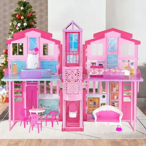 2025 Doll House Playset, 2-Story Foldable Dollhouse with 4 Rooms & Elevator, Furniture for 11.5-inch Dolls, Ideal Toys for Kids Girls 3+ up Years