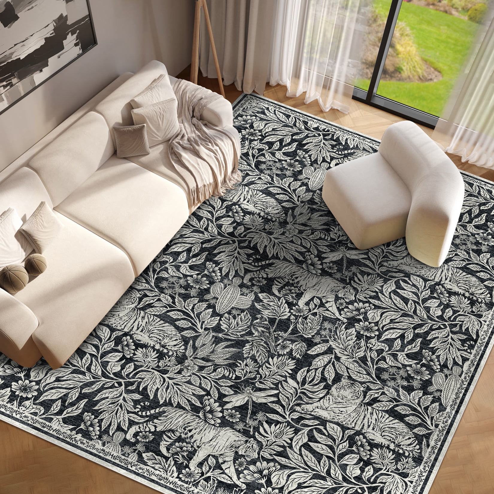 Garvee 8x10 Modern Abstract Print Rugs, Washable Living Room Rug Non Slip Non-Shedding Forest Tiger Floor Rugs Carpet, Soft Stain Resistant Indoor Rug for Dining Room Bedroom, Black