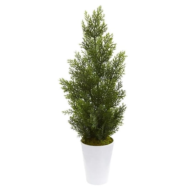 Nearly Natural 5694-WH 27 in. Mini Cedar Artificial Pine Tree in Decorative Planter - White