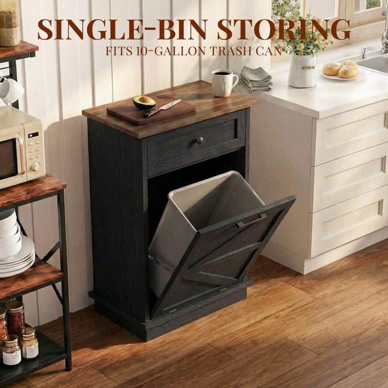 20''W Tilt Out Trash Can Storage Cabinet with A Drawer, Farmhouse Small Kitchen Island with 10-Gallon Trash Hidden Cabinet