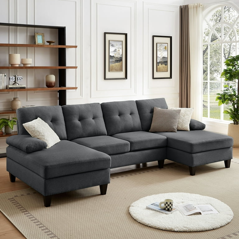 Jarenie Polyester 4 Seater U Shaped Sectional Sofa Dark Grey Gray
