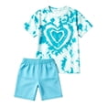 thumbnail image 3 of Yuncity Girls Summer 2 Piece Matching Outfit Crew Neck Heart Print Loose Short Sleeve Top And Slim‑Fit Shorts Casual Kids Clothes Set Size 7-8 Years Sky Blue, 3 of 3