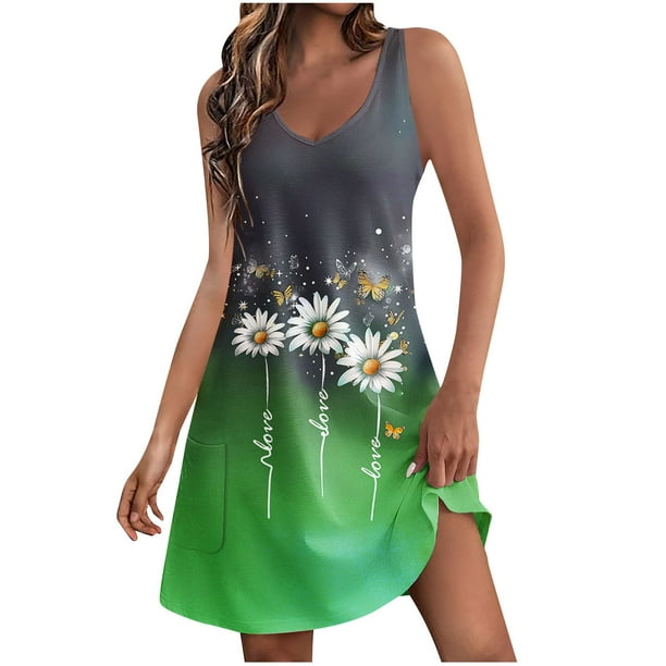 Vestidos de Verano con Cuello en V para Mujeres 2025 Casual con Bolsillos Boho Beach Camisetas Vestido Tanque Suelto