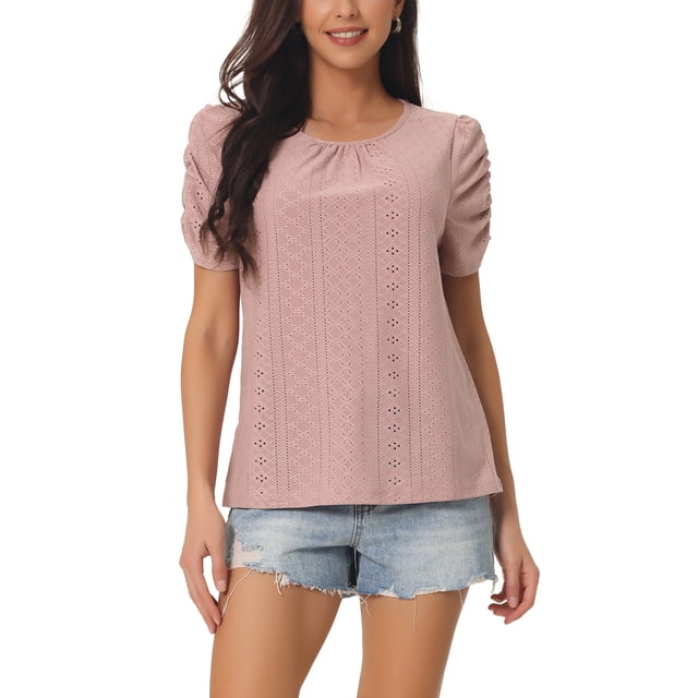 Edición INSPIRE CHIC Blusas de manga corta fruncidas para mujer, blusas elegantes y casuales con cuello redondo, camisetas de verano S color rosa polvo