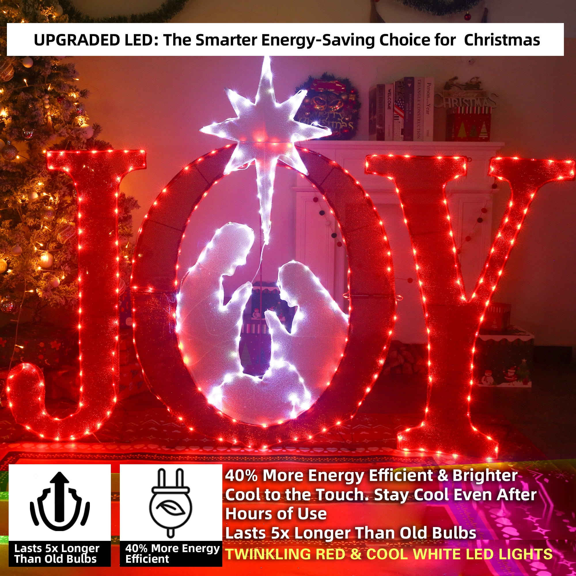Starfree 49-inch Outdoor JOY Christmas Nativity Decoration Large Lighted JOY Sign Christmas Holiday Decorations Twinkling LED Hang/Stand Yard Signs