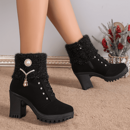 

JINZHOUSHCH Stylish Women‘s Faux Pearl Decor Knit Stitching Block Heeled Ankle Boots with Zipper - Fashionable Winter High Heeled Booties for Trendy Women