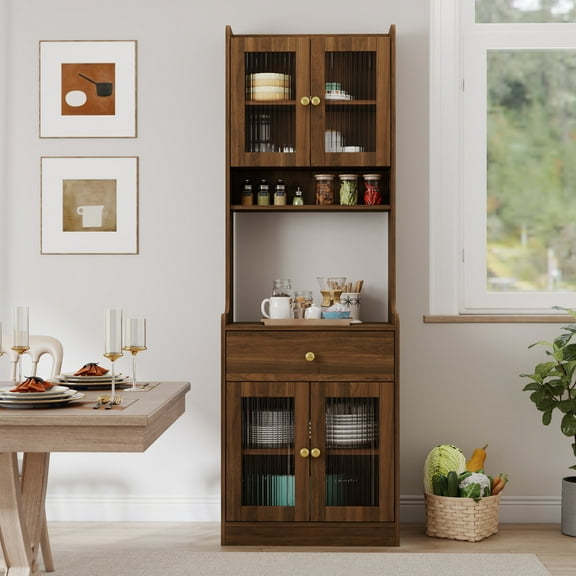Kitchen Pantry Storage Cabinet, 70" Freestanding Cabinet with Microwave Stand, Wood Buffet Sideboard Coffee Bar Cabinet with Glass Doors and Adjustable Shelves for Dining Room, Walnut