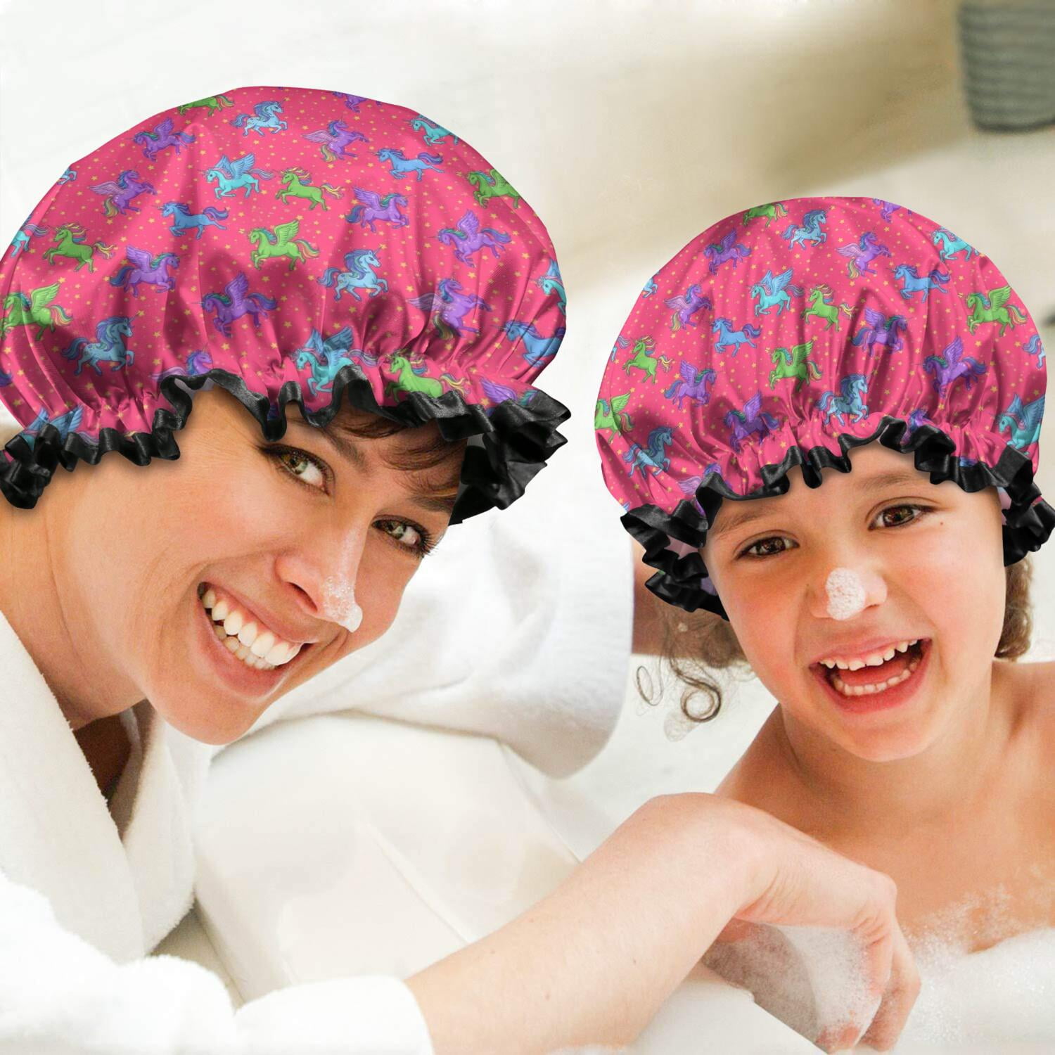 Shower Caps,Red Cartoon Unicorn Pattern Waterproof Shower Cap for Women 4 Pieces,Double Reusable Hair Cover for Shower PEVA Elastic Stretch Hem