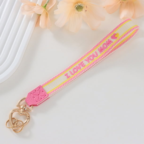Llavero bordado en tela hecho a mano | Regalo de cuero Crochet Monogram Mom | Anillo de metal duradero | Charm de bolso y accesorio para el coche | Rosa Beige Amarillo | 8,46 x 1,06 pulgadas