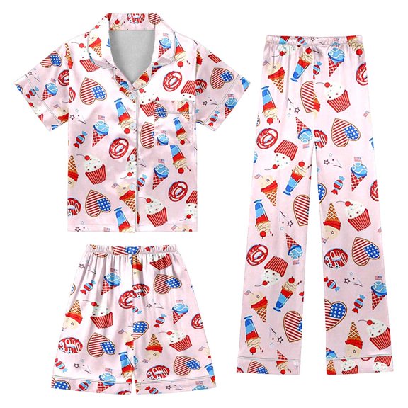 BOOMNY Toddler Girls 2 Peice Pajamas Sets Graphic Short Sleeve Satin Sleepwear Tops Shorts Pants Pjs Set for Kids Cozy Loungewear Homewear