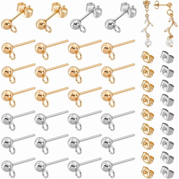 PH 20 Pairs 304 Stainless Steel Earring Posts Studs Flat Back Earrings Ear Pin Ball Post with Loop Butterfly Earring Backs for DIY Jewelry Making colorful
