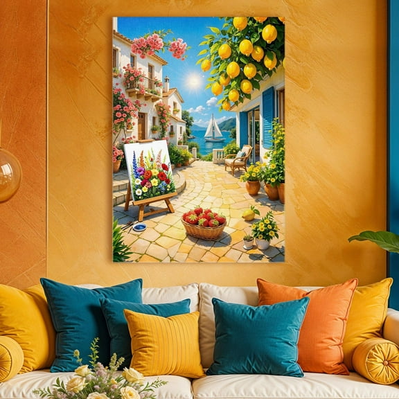 Mediterranean Lemon Tree Canvas Art – Coastal Villa Wall Decor