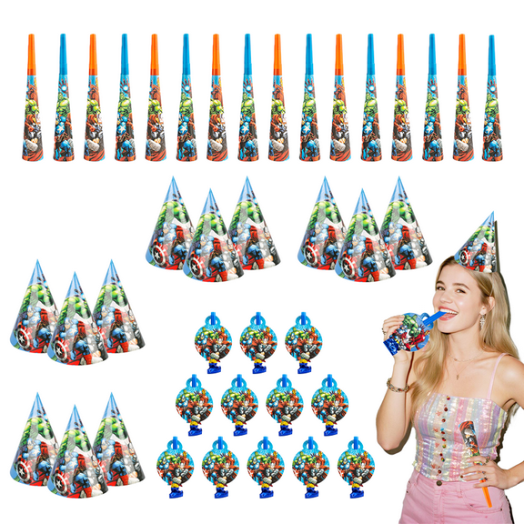 Superhero Party Supplies, 36pcs Superhero Birthday Decorations -Superhero Birthday Hats, Blowers & Horns for Kids, Superhero Theme Party Favors