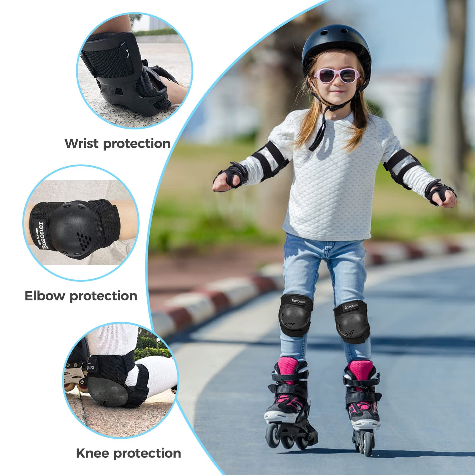 BOSONER Kids/Youth Helmets Knee Pad Elbow Pads Protective Gear Set for Roller Skates Cycling BMX Bike Skateboard Inline Rollerblading, Skating Skatings Scooter Riding Sports