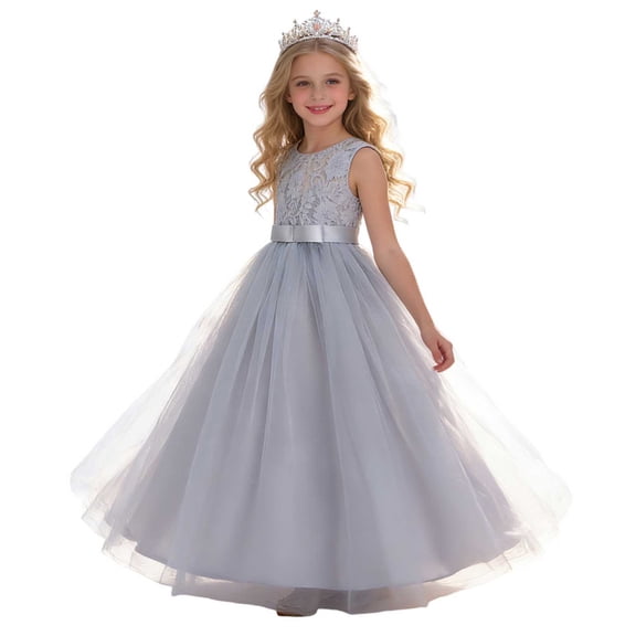 Makaor Flower Girl Dress for Weddings Embroidered Ruched Ball Gown Dress Mesh Sleeveless Birthday Party Dresses Empire Waist Maxi Formal Dresses