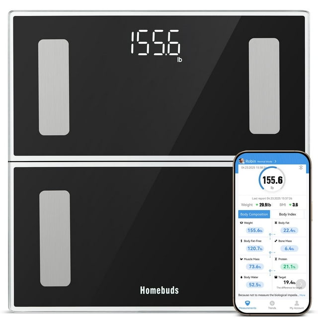 Báscula de baño inteligente Homebuds para medir el peso corporal. Alta precisión de 0.1 lb (garantizada por Weight Scale Professional Factory desde 2001). Sincronización con la aplicación 13. Composic