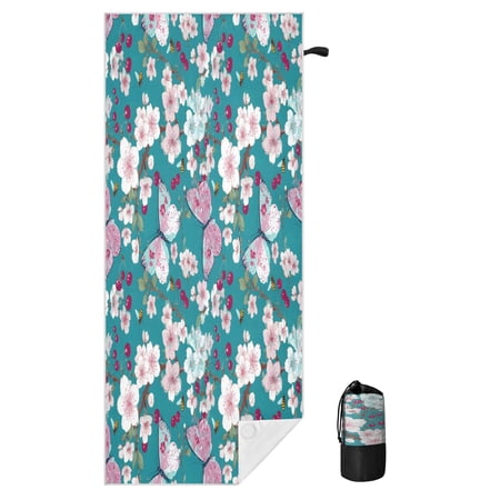BZSMCE Soft Butterflies and Bees Cherry Blossom Pattern For Beach Towel with Wind-Resistant Magnetic Corners And Mesh Carry Bag