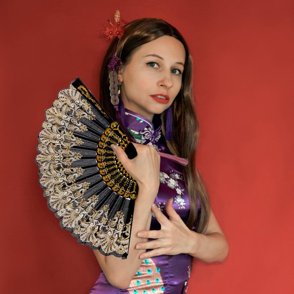 BESTYASH Set of 2 Elegant Chinese Style Fans with Unique Bronzing Design for Dance, Photography, and Special Occasions