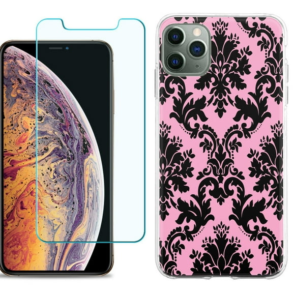 For Apple iPhone 11 Pro Max Phone Case , Slim-Fit TPU Case with Tempered Glass Screen Protector, by OneToughShield ® - Victorian Pink/Black