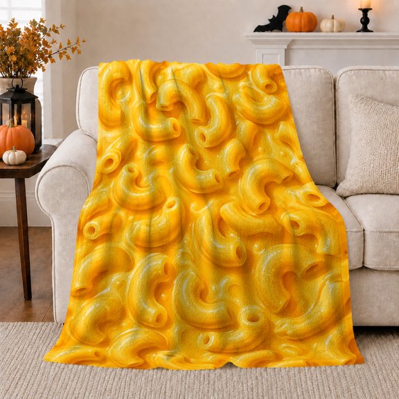 Playful Yellow Macaroni Pasta Pattern Whimsical Kitchen Dining, Playful Food Art Scene, Warm Flannel Blanket for Kitchen and Dining Room, Food Lovers Birthday Gift, Playful Home Decor