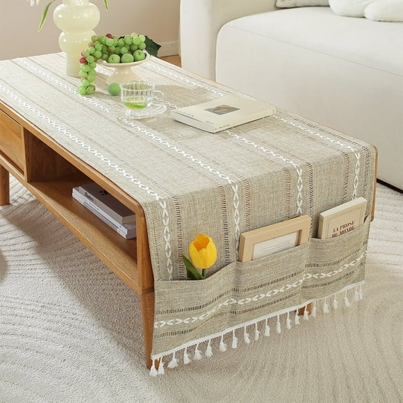 WCHUANG Coffee Table Cloth, Table Cover with Pockets and Tassel, Cotton Linen Rectangle Tablecloths Washer Dryer Fridge Top Dust Cover