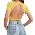 thumbnail image 3 of Tops Cortos de Verano para Mujer, de Corta, Cuello Redondo, Color Liso, de Punto Ajustado, Sin Espalda. Amarillo S, 3 of 10