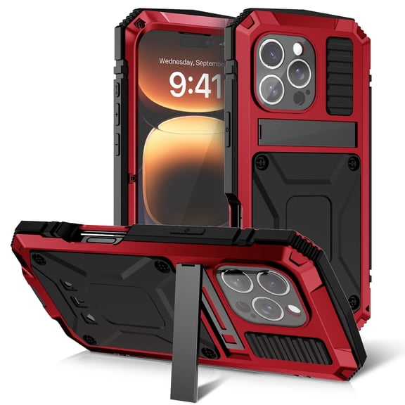 Dteck Full Body Protection Case for iPhone 16 Pro,Aluminum Military Grade Rugged Case with Stand Built-in Screen Protector Shockproof Kickstand Cover for iPhone 16 Pro,Red