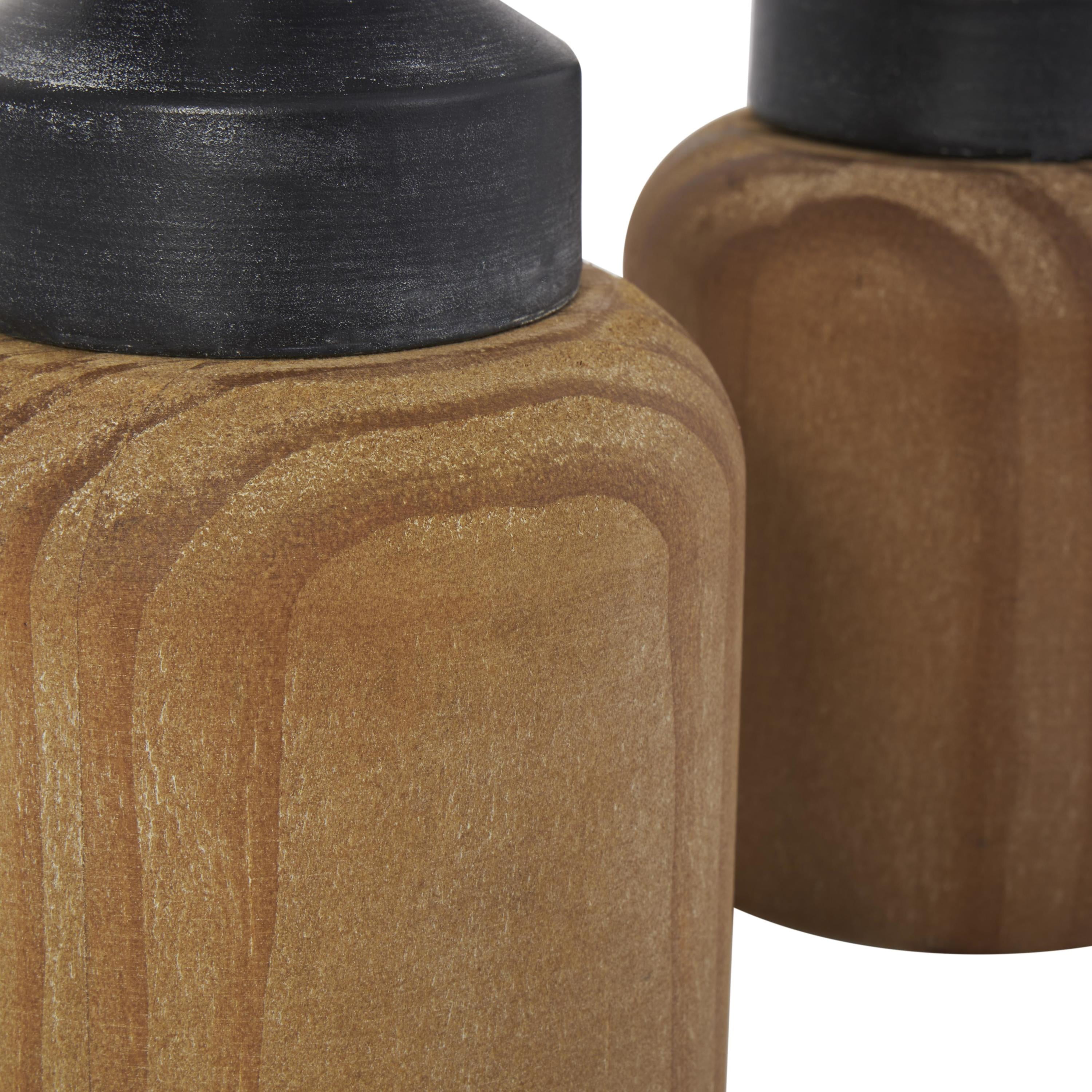 DecMode 2 Candle Black Metal Turned Style Candle Holder with Brown Wood Bases, Set of 2