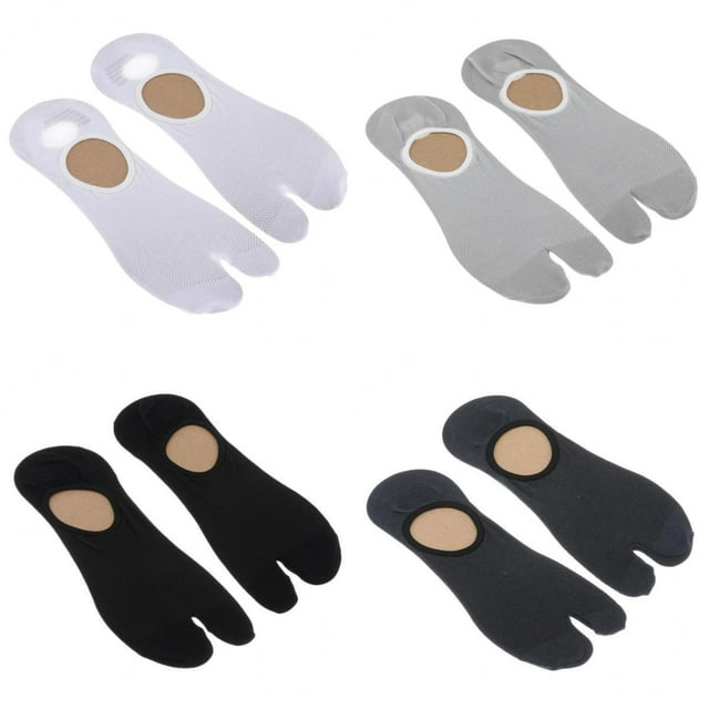 4 Pair Men Cotton Toe Socks Tabi Socks Japanese Style Socks in a breathable cotton material. The image shows four pairs of socks in black, dark gray, light gray, and white colors. Each pair features a split-toe design, separating the big toe from the other toes, suitable for wearing with sneakers, sandals, or flip-flops. These unisex socks are soft, sweat-absorbent, and designed for comfort during summer. The socks are displayed flat with a circular cardboard insert to maintain their shape.