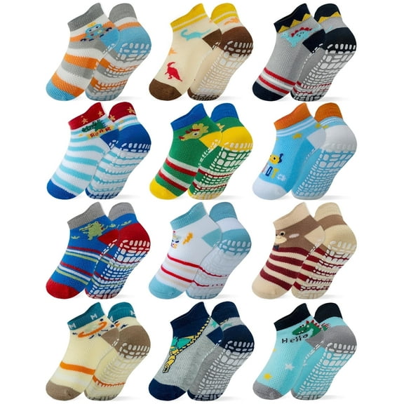 RATIVE Ankle Anti Slip Non Skid Cotton Socks with Grips Grippers for 0-6 Month Babies Baby Infant Boy Boys Girls ,0-6 Months, 12-Pairs/Animal world