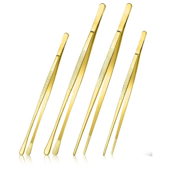 Gold Stainless Steel Long Food Tongs Straight Tweezers Kitchen Serrated Tips